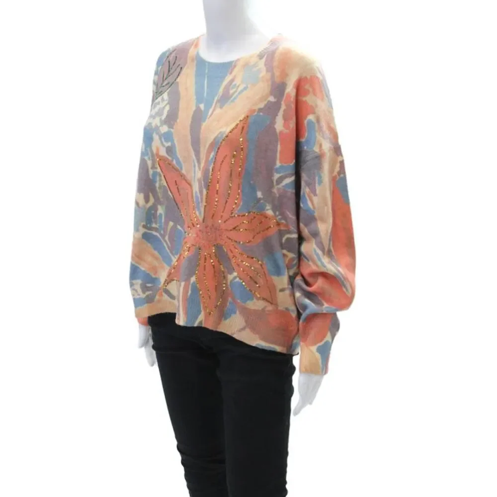Renuar Womens Floral Print Sequined Pullover Knit Sweater Orange Size L